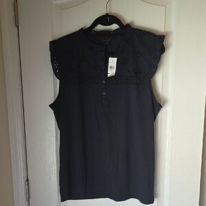 Ann Taylor Navy Sleeveless Ruffled Blouse